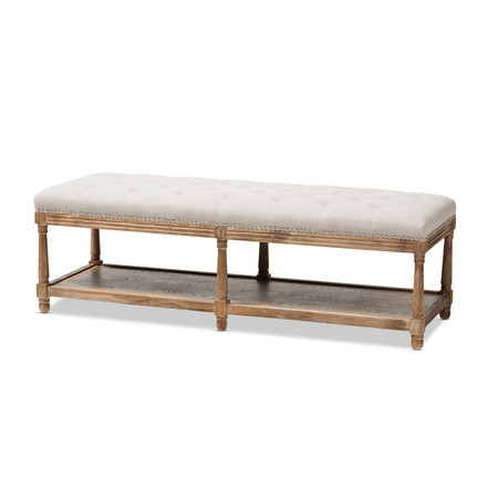 BAXTON STUDIO Celeste Oak Beige Linen Upholstered Ottoman Bench 139-7607